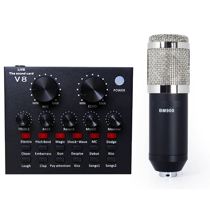 Soundcard V8 Bluetooth, Micro Karaoke BM 900 - Tai Nghe XB-450 Hát Karaoke Livetream