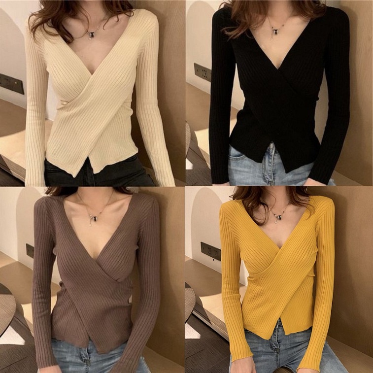 Áo Len Tay Dài Cổ Chữ V Thiết Kế Mới Thời Trang Theo Phong Cách Hàn Quốc Cho Nữ