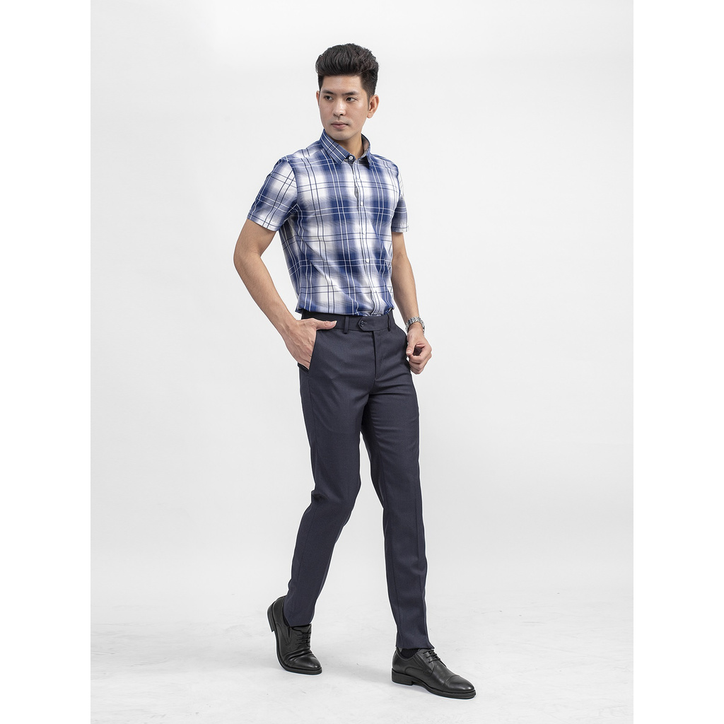 Áo Sơ Mi Nam Tay Ngắn Aristino ASS004S9 Màu Xanh Caro Trắng Dáng Slim Fit Vải Sợi Sồi