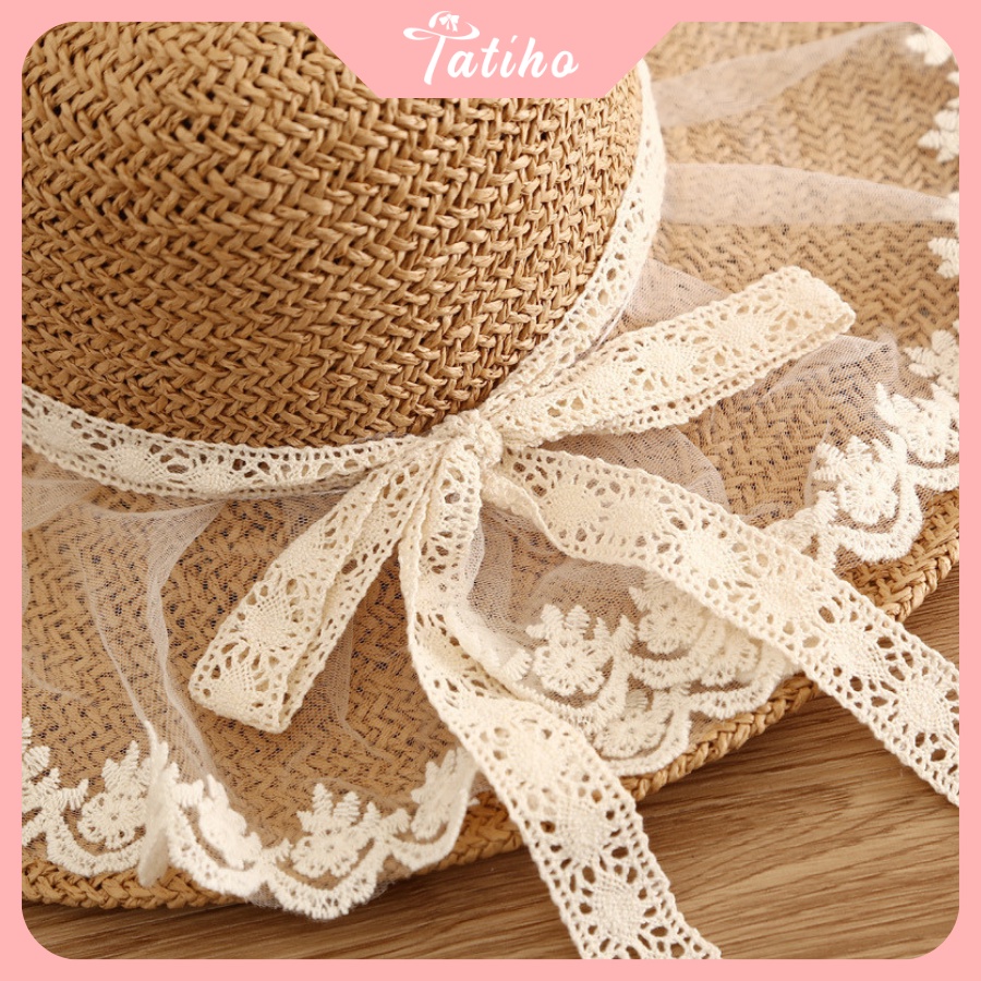 Mũ Cói Unisex Nữ, Nón Cói Vành Rộng Chất Liệu Cao Cấp Họa Tiết Phối Voan Nơ Ren Phong Cách Vintage Đi Biển - Mã NC028