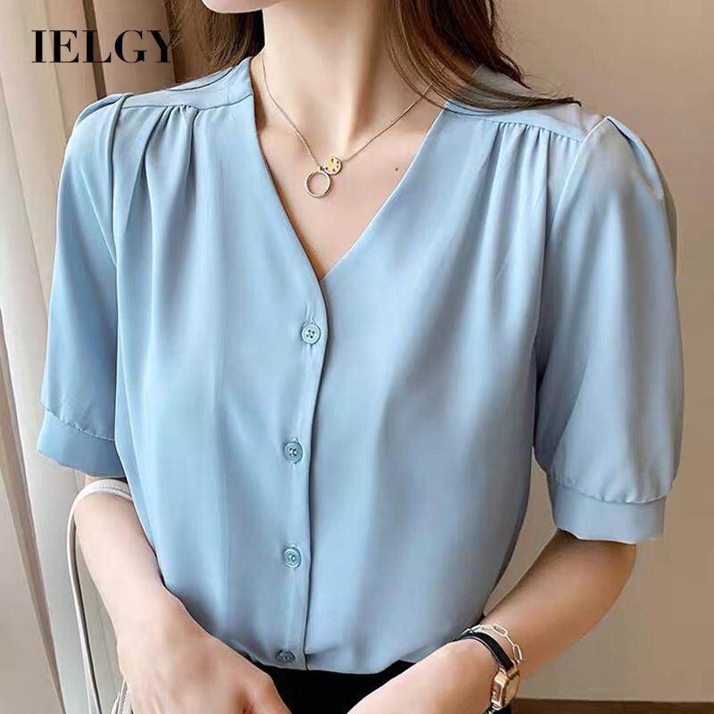 IELGY Áo Sơ Mi Tay Ngắn Cổ Chữ V Dáng Rộng Phong Cách Hàn Quốc Thời Trang Mùa Hè Mới Cho Nữ