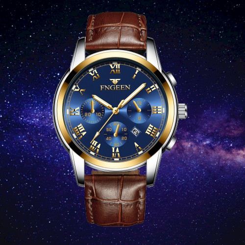 Đồng hồ nam dây da, đồng hồ nam chính hãng FNGEEN mặt tròn, chuyển động thạch anh, cao cấp, sang trọng