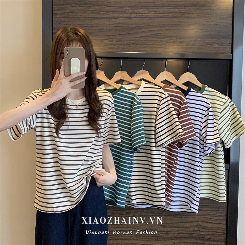 Xiaozhainv Áo Thun Nữ Ngắn Tay Họa Tiết Sọc Ngang 6 Màu Thời Trang