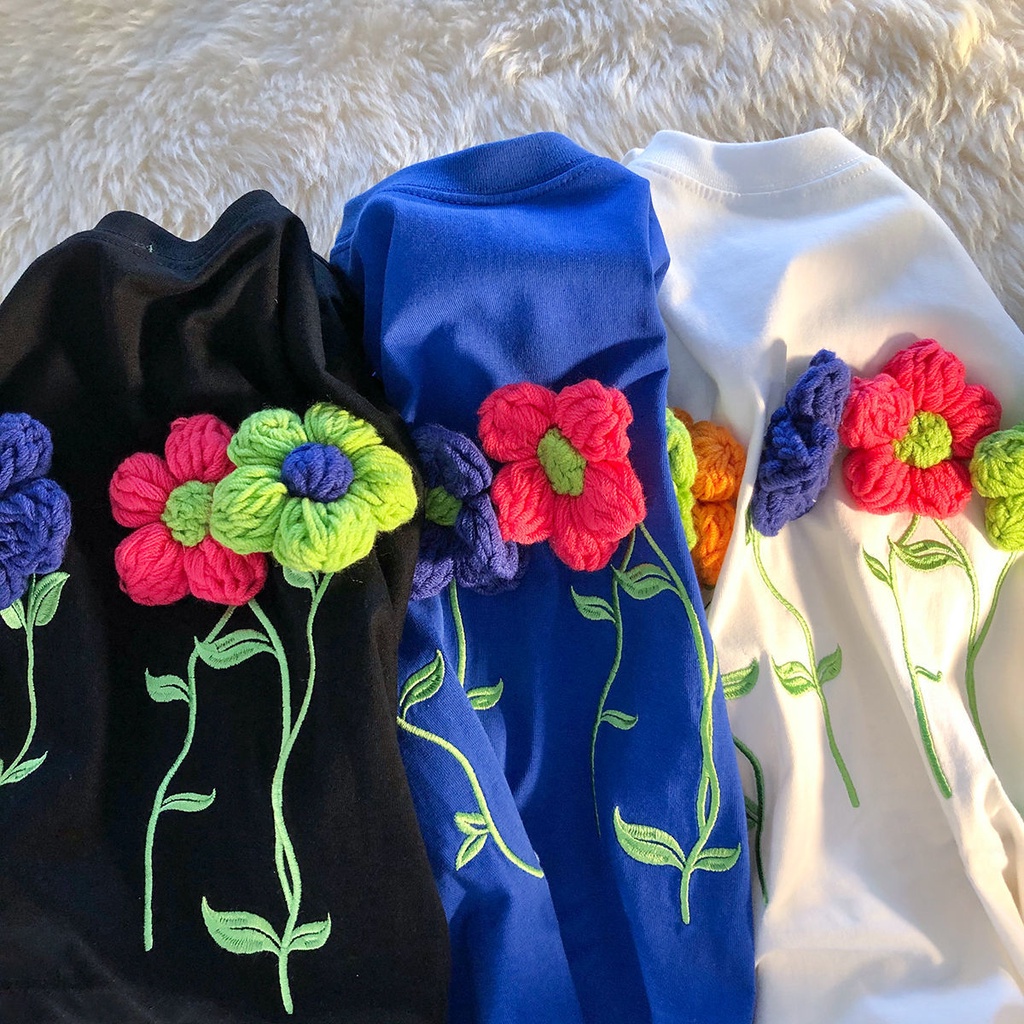 Áo Thun Ngắn Tay In Họa Tiết Hoa Nhỏ Màu Xanh Dương Phong Cách Âu Mỹ Thời Trang Mùa Hè 2022