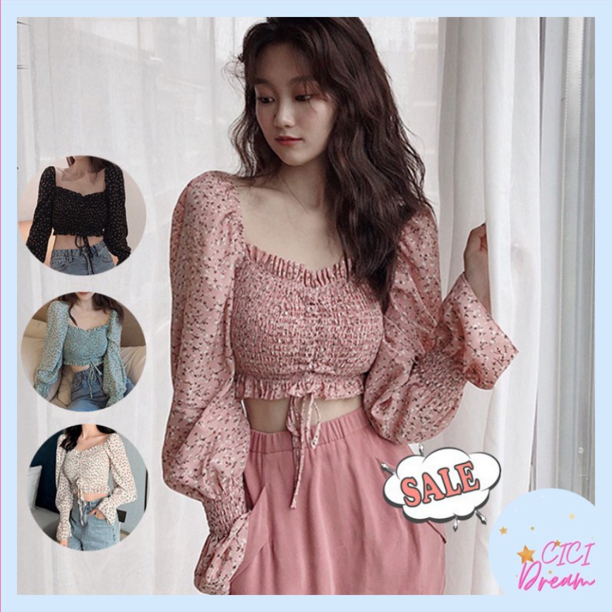 Áo croptop trễ vai nữ hoa nhí dài tay bồng dây rút - Áo croptop nữ trễ vai hoa nhí cổ vuông dây rút babydoll dài tay bo