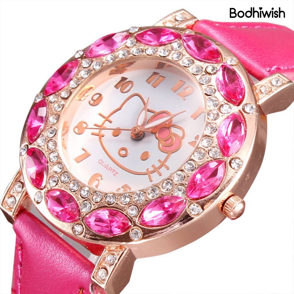 Đồng Hồ Dây Da Mặt Hình Hello Kitty Dễ Thương Cho Bé Gái