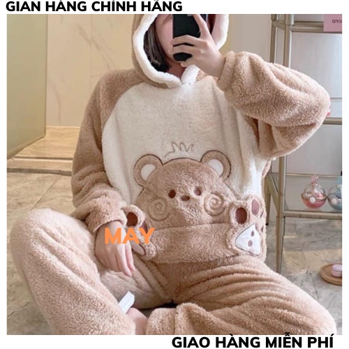 Bộ ngủ lông nữ 2 mặt mềm mại thêu gấu be sữa, sét đồ bộ thu đông mặc nhà chất lông cừu