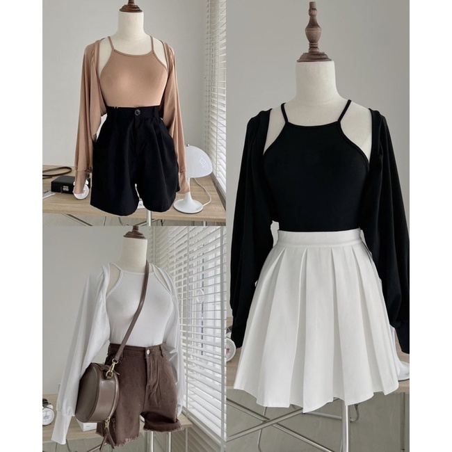 Set Áo khoác và áo yếm SIMO TOP gồm áo khoác croptop tay dài và áo yếm 2 dây xinh xắn với tone màu basic trắng và đen