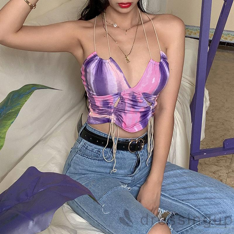 d❃♪Women´s Fashion Tie-Dye Summer Sexy Backless V-Neck Drawstring Top | BigBuy360 - bigbuy360.vn