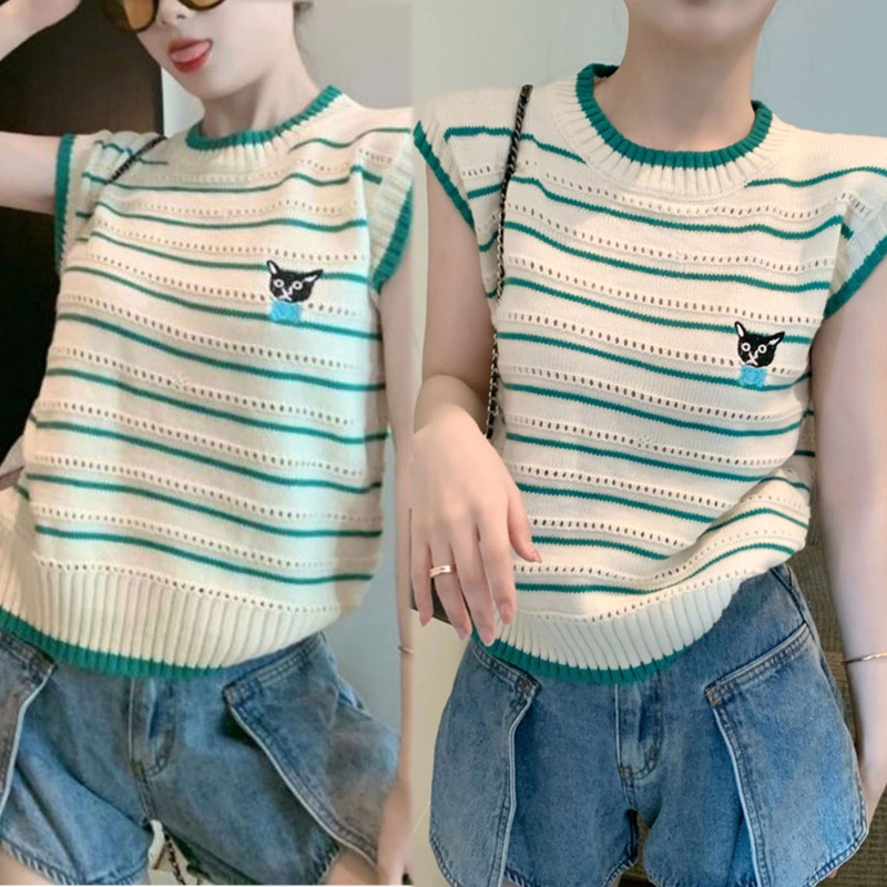 Áo Sweater Dệt Kim Không Tay Thêu Hình Cún Dễ Thương Thời Trang Mùa Hè Cho Nữ