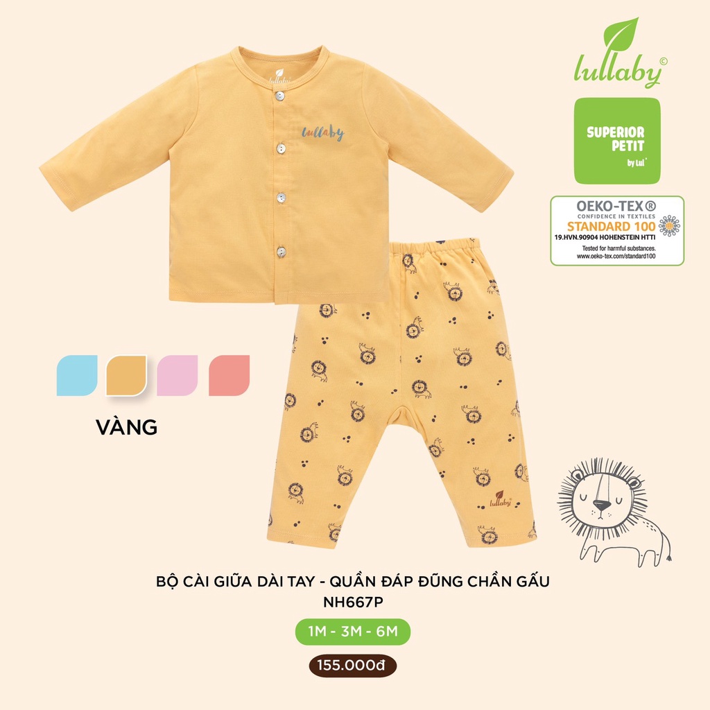 Bộ Lullaby Premium petit cao cấp mềm mịn dài cài giữa quần họa tiết trơn thoáng mát thấm hút tốt bé trai bé gái NH667P