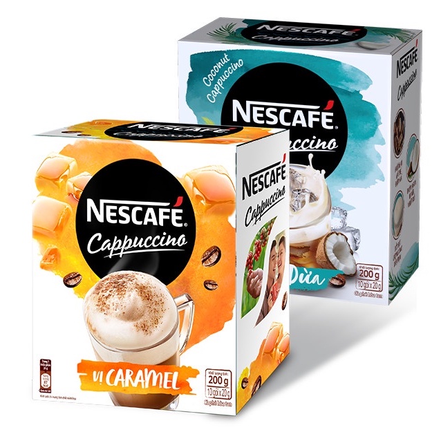 Cà phê Cappuccino Nescafe vị caramel / vị dừa hộp 10 gói 200g