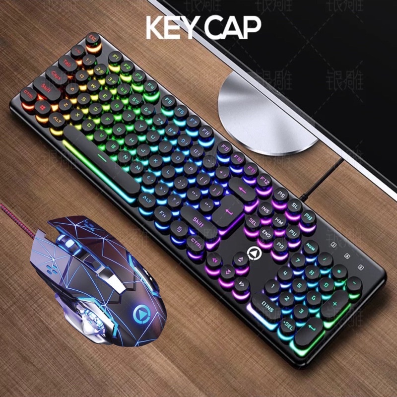 COMBO Bàn Phím Nút Tròn Chuột Máy Tính Laptop Giả Cơ YINOIAO V7 G15 LED Xuyên Chữ Đa Dụng Chơi Game Làm Việc Màu Hồng