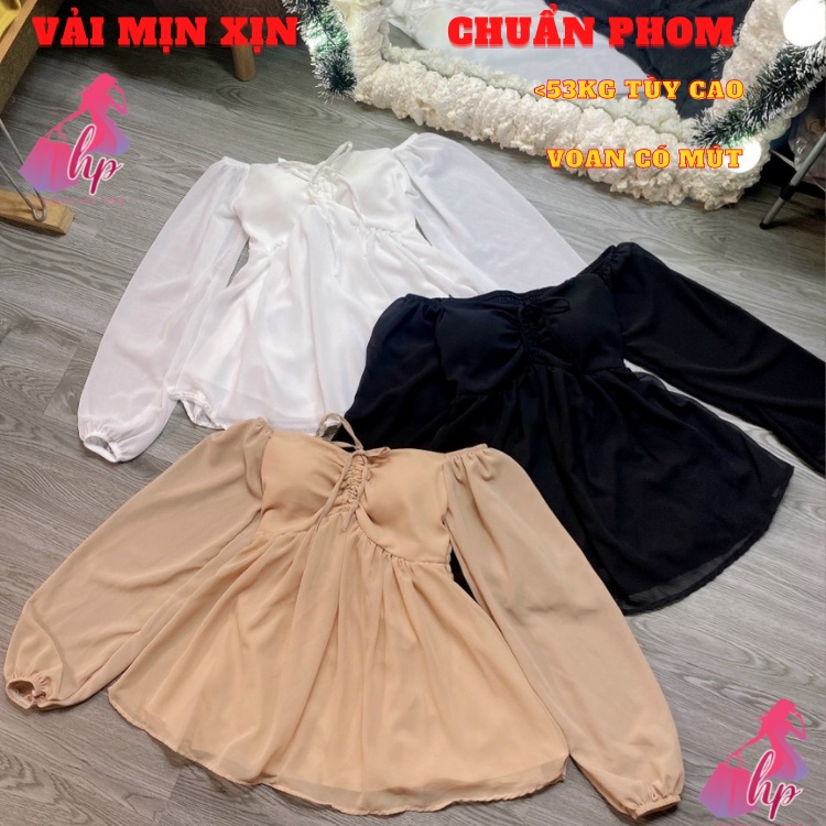 áo kiểu bẹt trễ vai nữ có mút tay dài vải voan tôn dáng hàn quốc mẫu mới thời trang A147