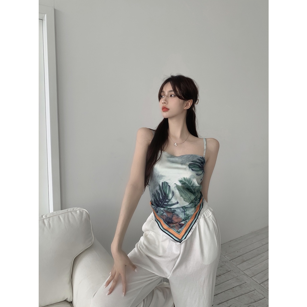 Áo croptop khăn lụa cột nơ hoa văn xanh HAC130 Hỉn Hỉn Store