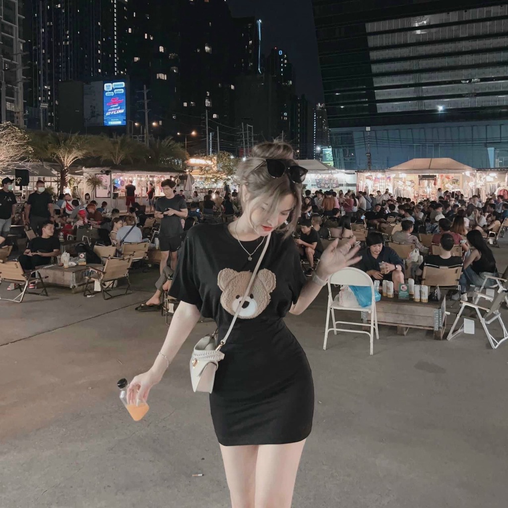 (Sale FreeShip) Đầm nữ đi chơi,đầm thun borip thêu gấu,chất đẹp hàng chuẩn shop lên from xinh xĩu