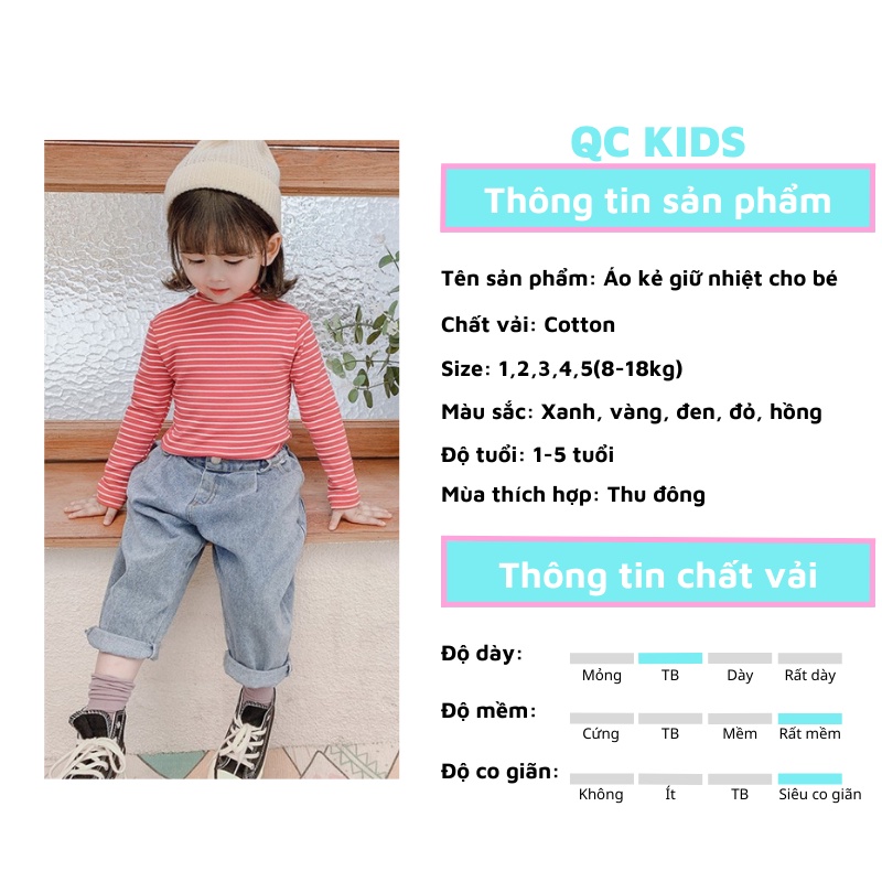 Áo giữ nhiệt cho bé gái bé trai dài tay cổ 3 phân cotton kẻ 1 tuổi đến 5 tuổi QC-KIDS