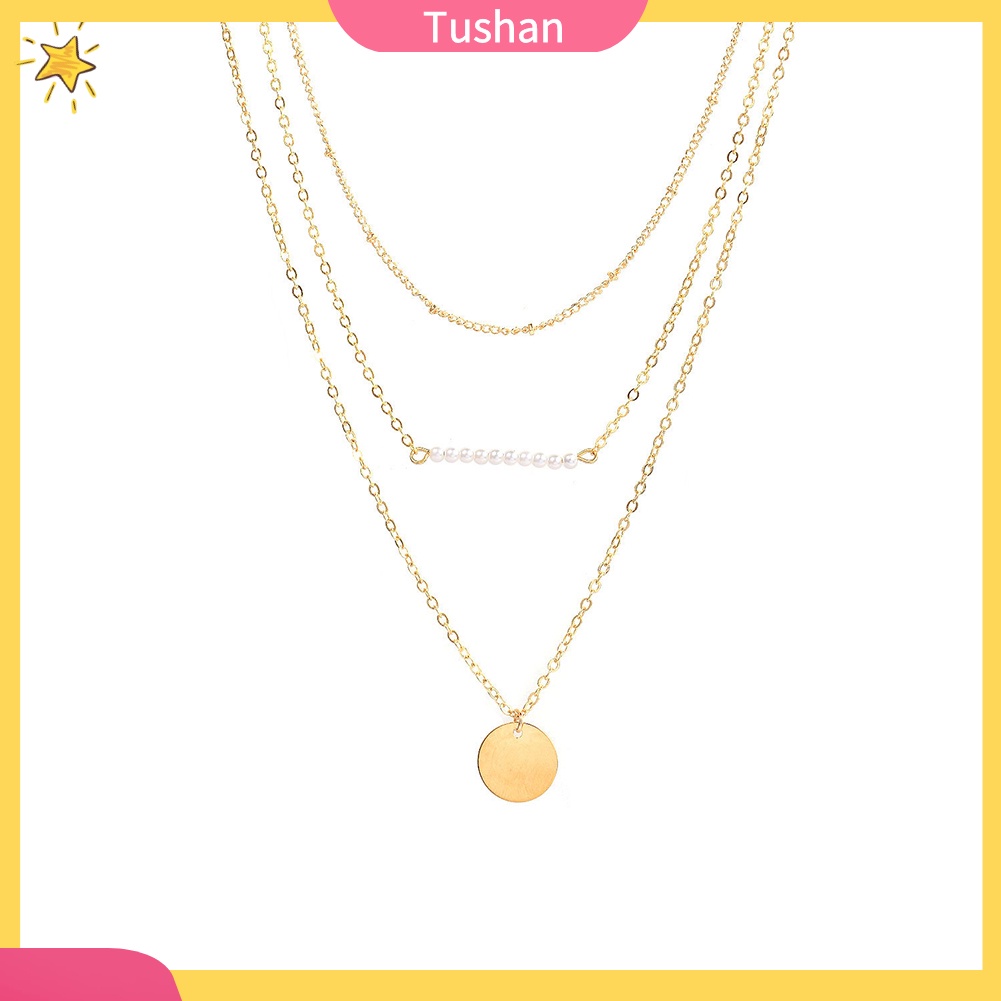 Dây chuyền ba lớp đính ngọc trai mặt tròn thời trang sang trọng