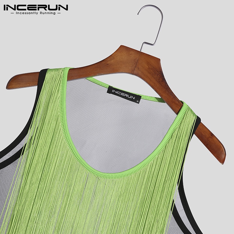 Áo tank top INCERUN cổ tròn phối tua rua xuyên thấu thời trang mùa hè cho nam