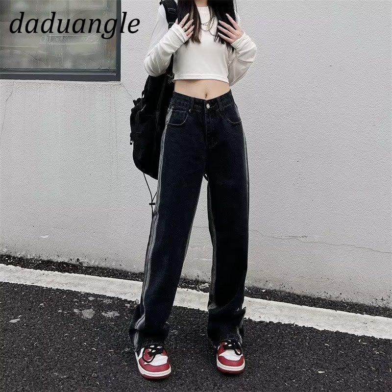 Quần jean Daduhey màu đen phối Gradient lưng cao ống rộng thời trang đường phố Mỹ cao cấp cho nữ