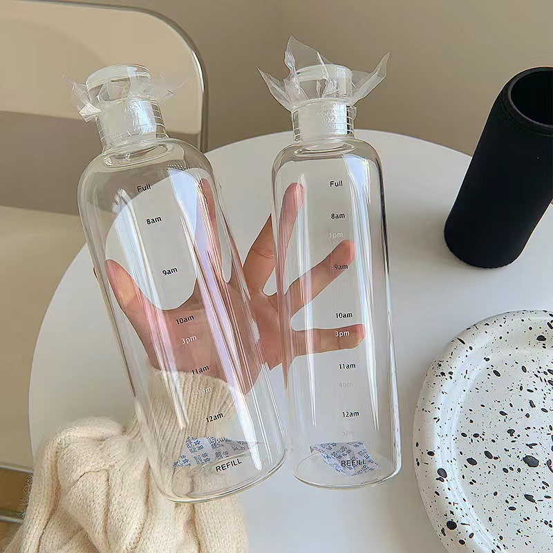 Bình uống nước trái cây 500/750ml bằng thủy tinh trong suốt dày có túi đựng