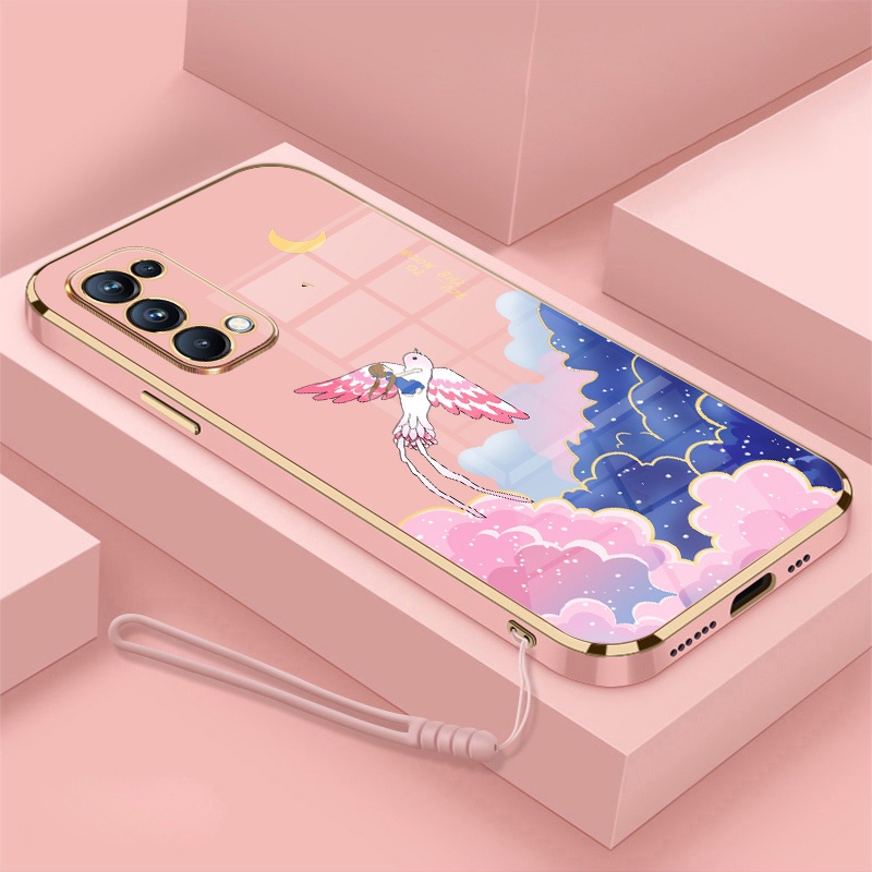 Ốp Điện Thoại Mềm Mạ Điện Họa Tiết Hoạt Hình Kèm Dây Đeo Cho oppo reno 4 reno 5 reno 6 4g reno 6 5g reno2 f reno 3 reno 2