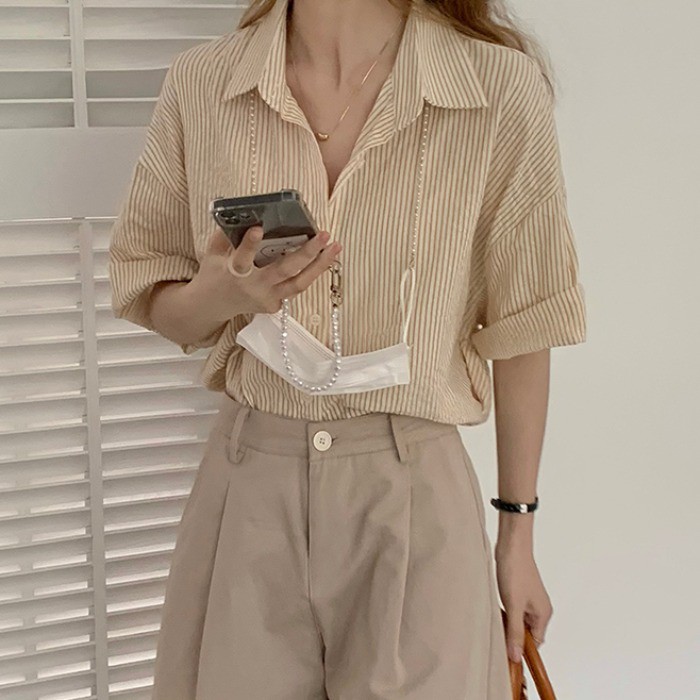 Áo sơ mi kiểu nữ Ngắn tay Kẻ sọc dọc nhỏ Retro Phong cách Cổ điển Vintage Hàn Quốca Áo sơ mi nữ Tay ngắn Thời trang | BigBuy360 - bigbuy360.vn