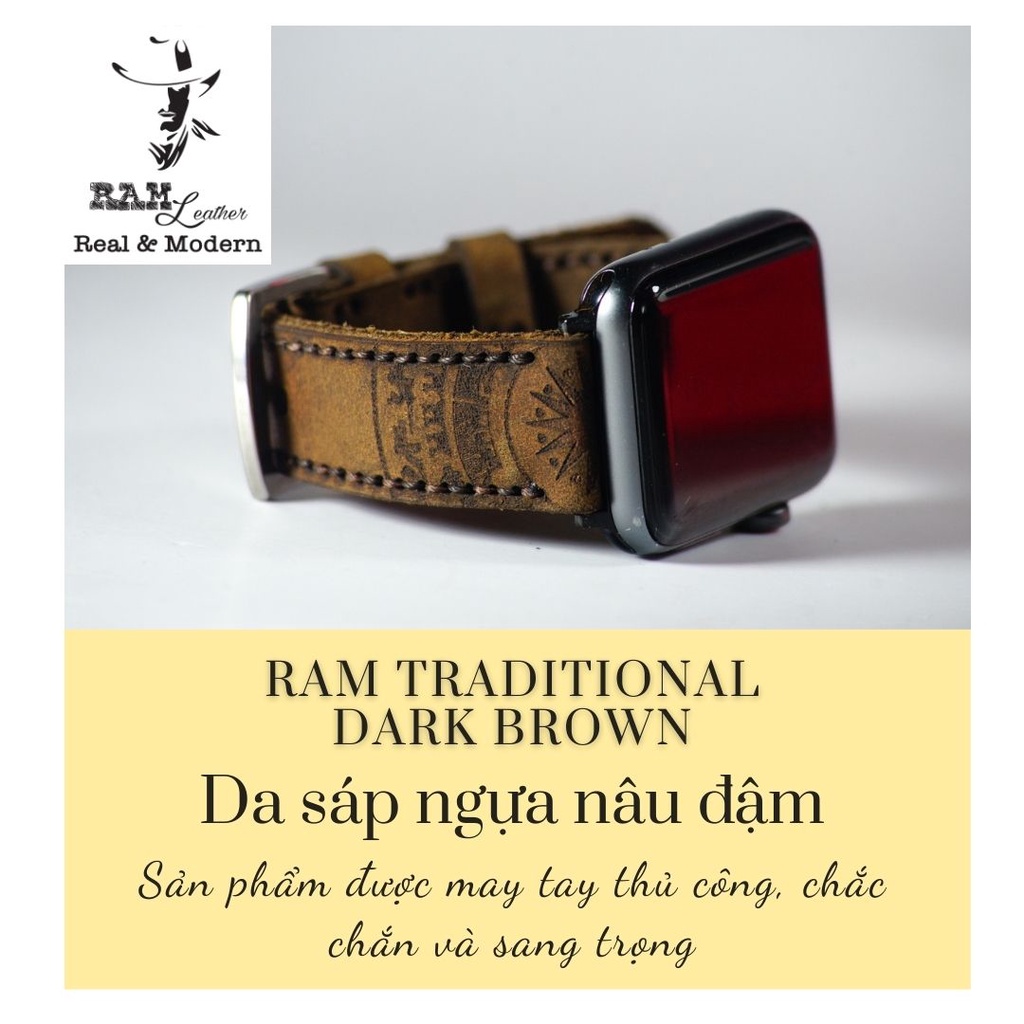 Dây đồng hồ da bò sáp handmade bền chắc cao cấp khắc trống đồng nâu đất RAM Leather - tặng khóa chốt và cây thay dây