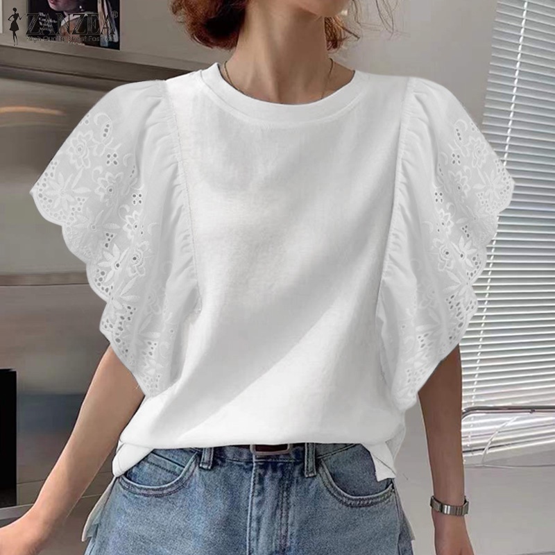 ZANZEA Áo Thun Tay Ngắn Cổ Tròn Phối Ren Thời Trang Cho Nữ