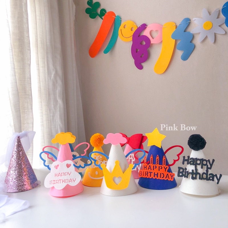 Nón sinh nhật có chữ HPBD chất Nỉ Hàn Quốc 4 màu NÂU/HỒNG/VÀNG/TRẮNG ĐEN có quai deo