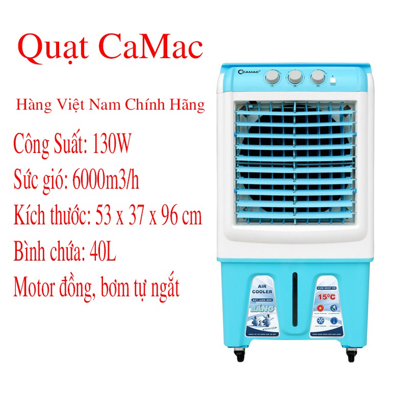 QUẠT ĐIỀU HÒA HƠI NƯỚC CAMAC CC40 - 40L, Bảo Hành 24 Tháng, Tặng 2 cục Đá Gel Siêu mát, Có Bơm Tự Ngắt