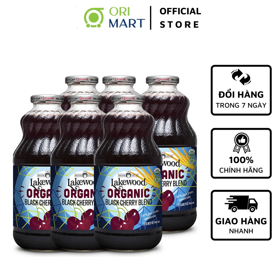 6 Chai Nước Ép Hỗn Hợp Cherry Đen Hữu Cơ Nguyên Chất Lakewood 100% Trái Cây Tự Nhiên - Black Cherry Blend 946ml Lakewood