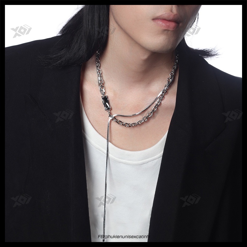 Vòng cổ Mặt Đính Đá Màu Đen Bằng Thép Titan Không Gỉ - Dây Chuyền Nam Nữ Thời Trang Phá Cách