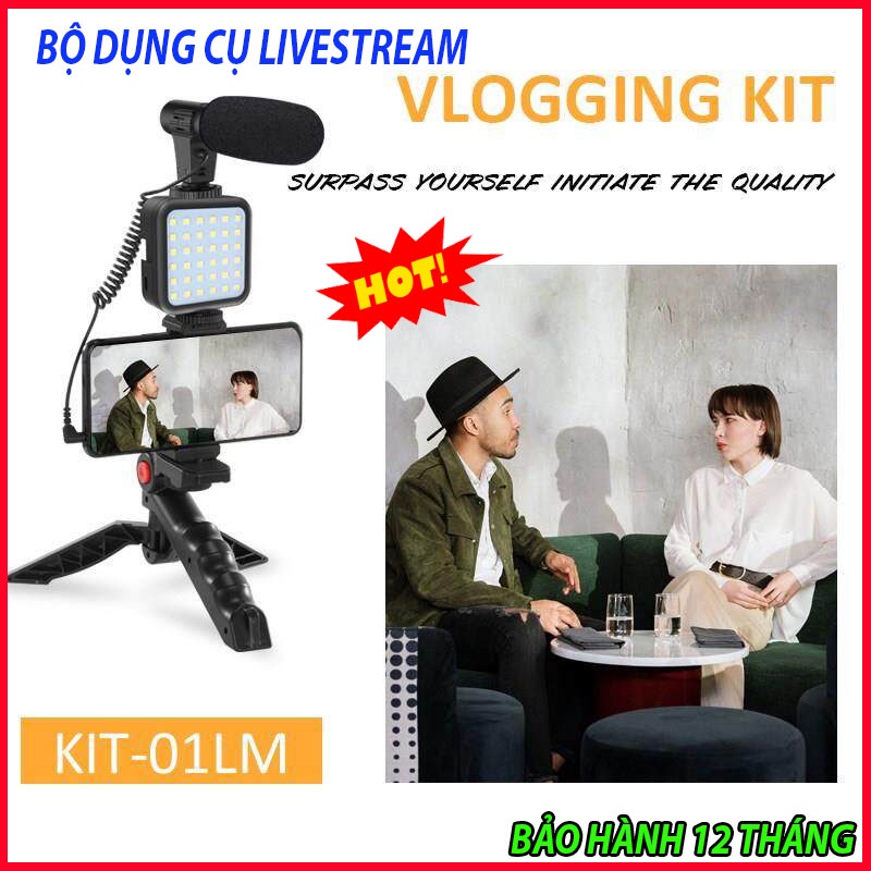 Bộ thiết bị Vlog cho điện thoại bao gồm mic thu âm và đèn LED  - Gậy quay phim, chụp ảnh, live stream 3 chân kèm micro