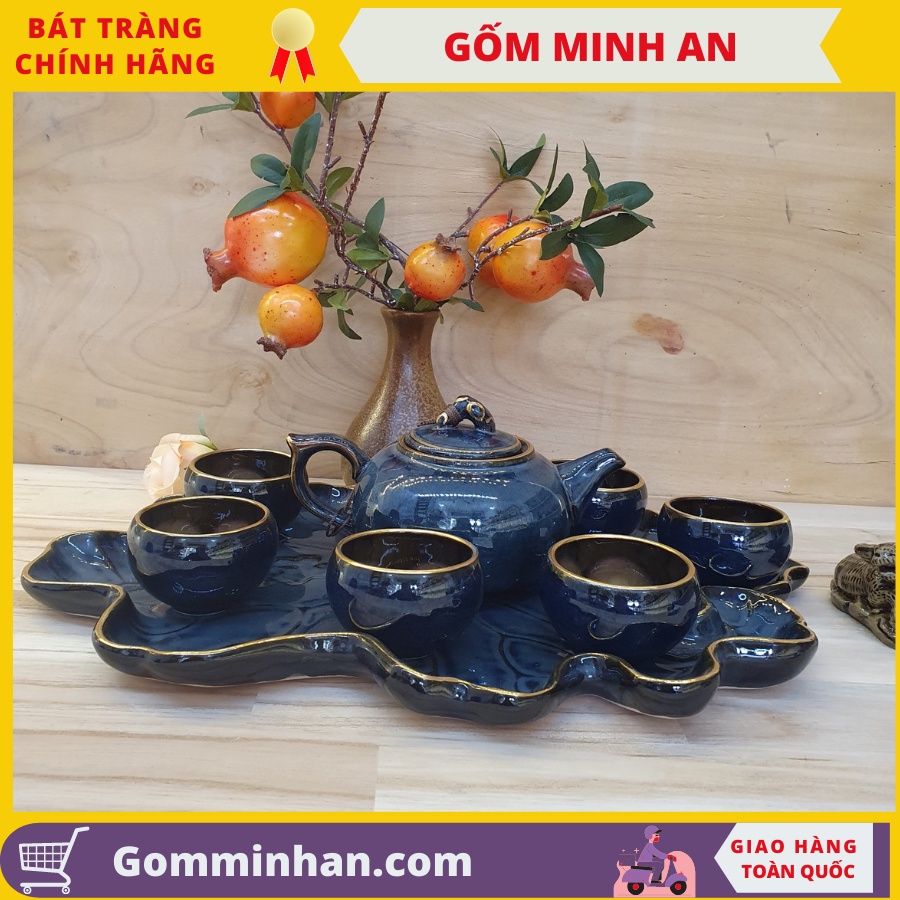 Ấm trà gốm sứ men hỏa biến có khay vẽ viền vàng- Gốm Sứ Bát Tràng- Gốm Minh An