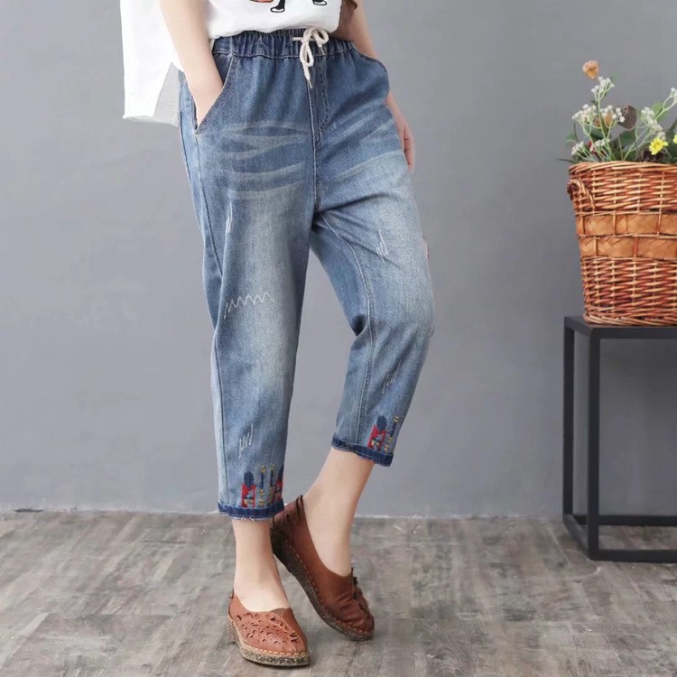 Quần jean bagyy nữ lưng thun eo co giãn size đại bigsize thêu hoa size M đến 3XL