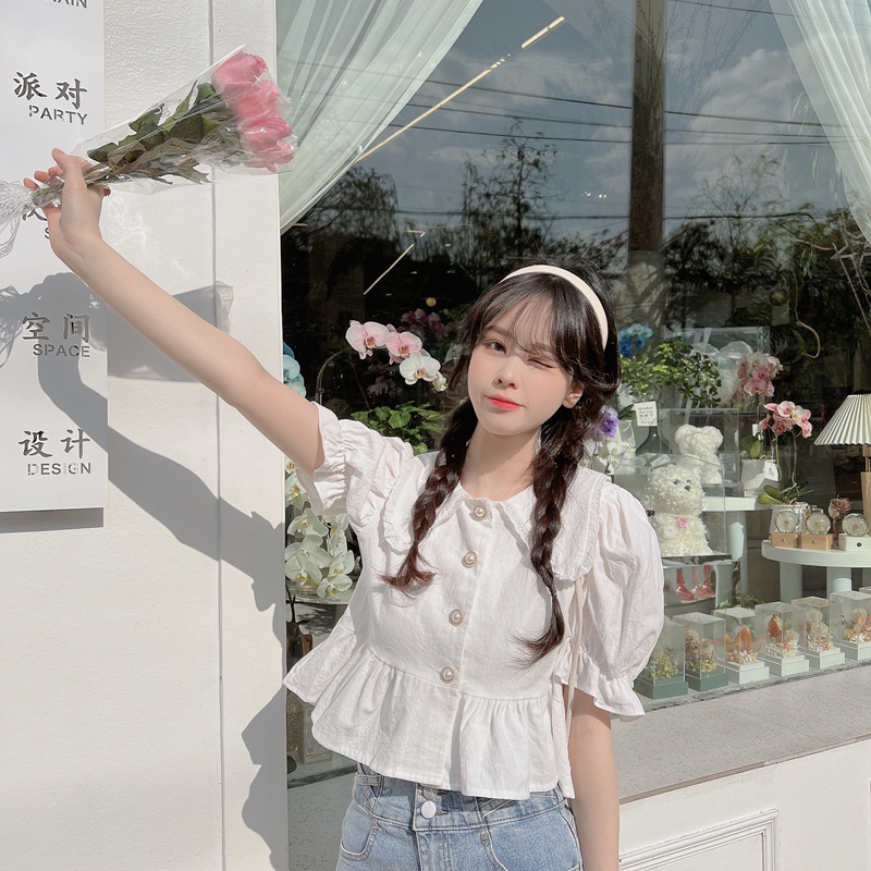 Áo Sơ Mi Tay Ngắn Phồng Cổ Búp Bê Phong Cách Pháp