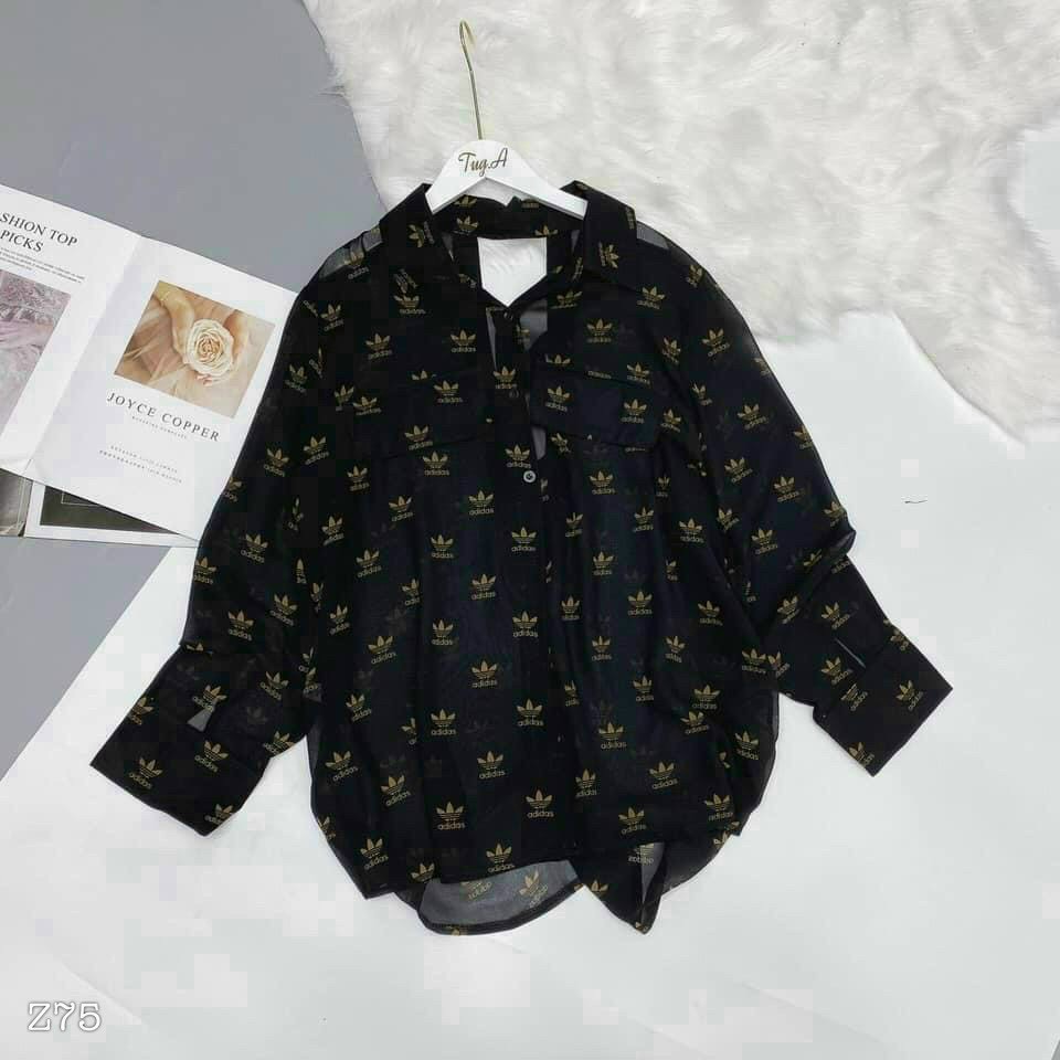 Áo sơ mi tay dài form rộng in hình logo 3 cánh cực xinh , chất voan lụa mềm mịn