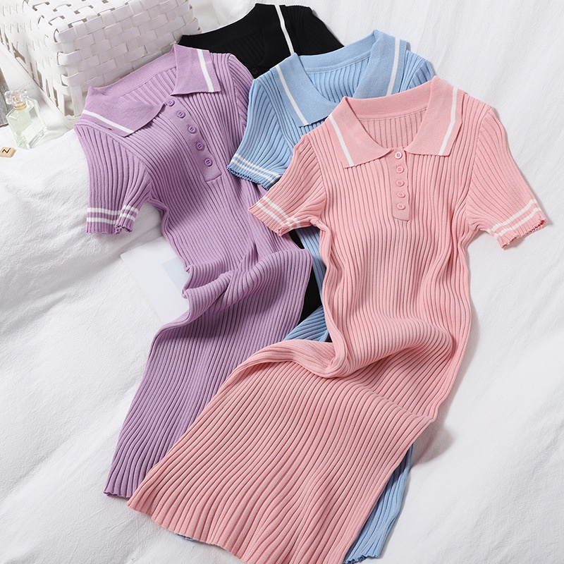 Váy body đầm dáng ôm dài sexy cổ đức trơn polo cổ v ulzzang Hàn quốc  S5T5-1
