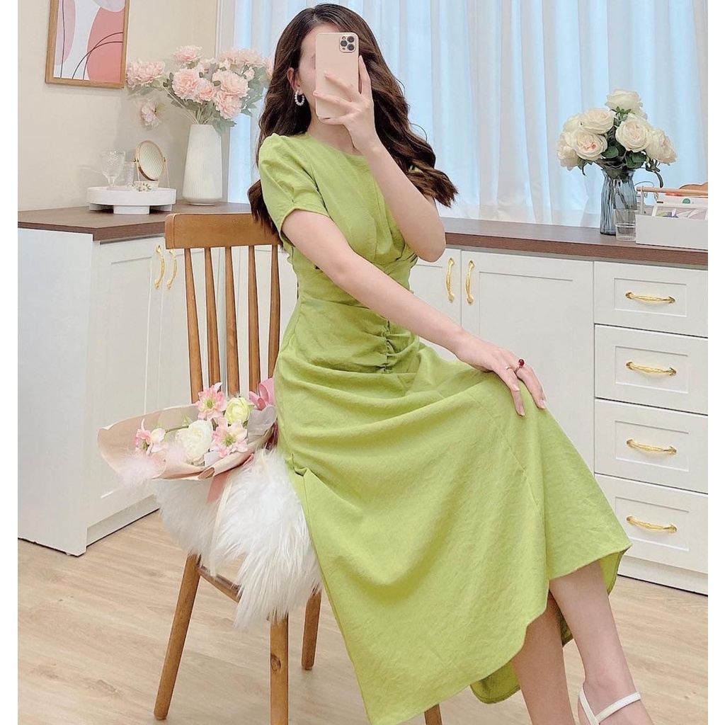 V62 | Đầm midi đũi Hàn cộc tay xanh bơ trơn dáng dài nhún eo | Tuli design