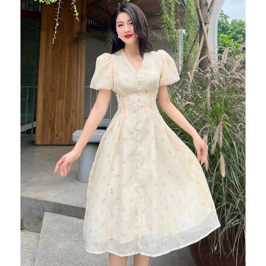 Váy hoa tay bồng cổ V đính cúc ngọc YV186 YAME