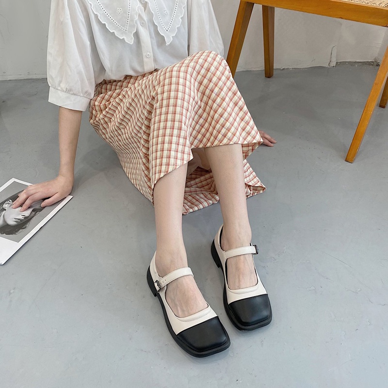 Giày da IELGY mũi vuông đế bằng phong cách Anh Quốc xinh xắn
