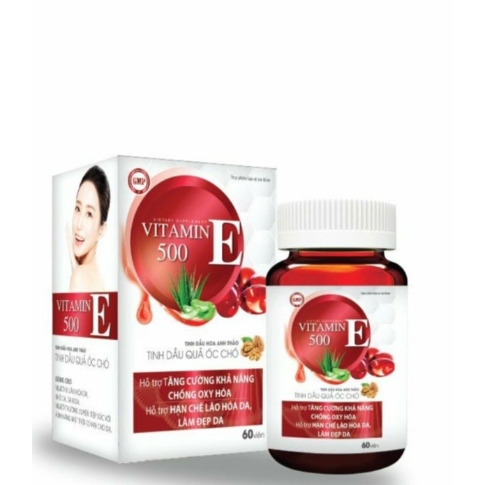 Viên uống đẹp da vitamin E 500 Tinh Dầu Quả Óc Chó Hoa Anh Thảo Giúp Đẹp Da Mờ Nám Cân Bằng Nội Tiết Tố Lọ 60 viên