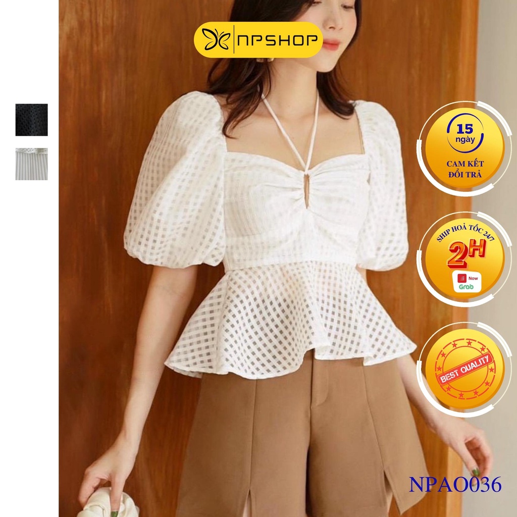 Áo peplum tay phồng cột nơ caro NPAO036