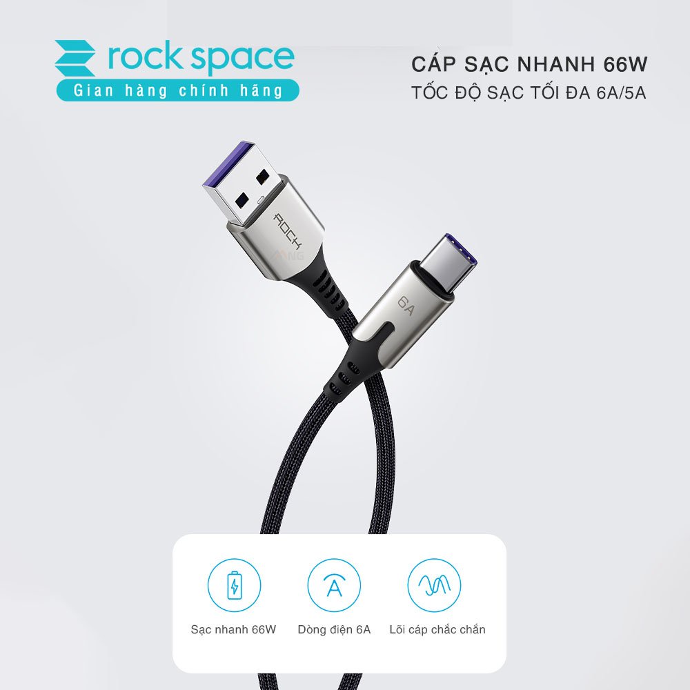 Dây cáp sạc nhanh TypeC Rockspace M1 dây dù sạc nhanh 6A cho samsung oppo, độ dài 1m, hàng chính hãng bảo hành 12 tháng