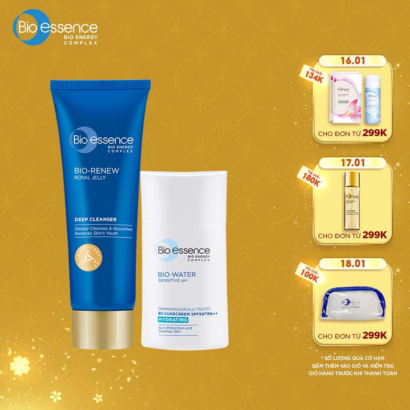 Combo bảo vệ da Bio-essence(Kem chống nắng BioWater B5 Sunscreen SPF50+PA++ 40ml+Sữa rửa mặt BioRenew sữa ong chúa 100g)