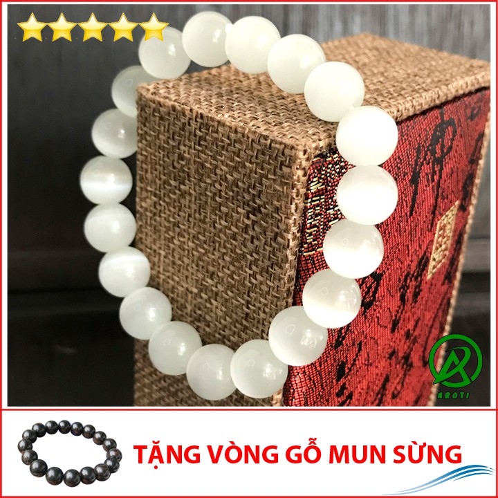 V244-10 Vòng phong thủy mắt mèo trắng 10 ly - Mệnh Kim - Thủy V244-10(GM)-kèm Vòng Phong Thủy Gỗ Mun