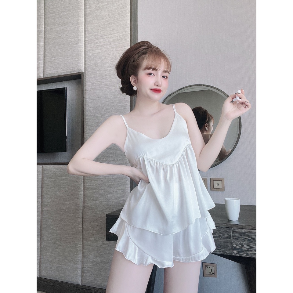 🌈🌈Sét đồ bộ 2 dây lụa satin  🌈🌈phối quần họa tiết dễ thương đồ ngủ lụa mặc nhà freesize