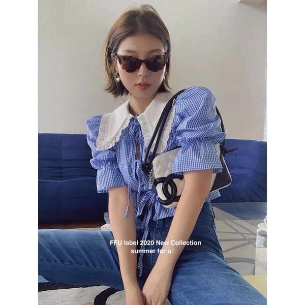 Áo sơ mi cổ bèo buộc dây dáng croptop