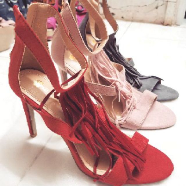 Giày sandal cao gót BIGTREE chính hãng chiến binh da lộn đỏ, xám, hồng tua rua 9cm size 36 37 38 39